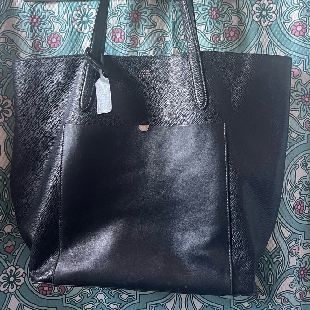 Smythson Black Leather Tote with Front Pocket